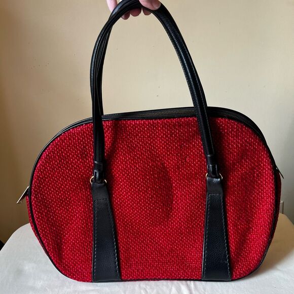 Vintage 70s Red Tweed Structured Mod Handbag Black Vinyl Trim Brass Zipper - Picture 1 of 9